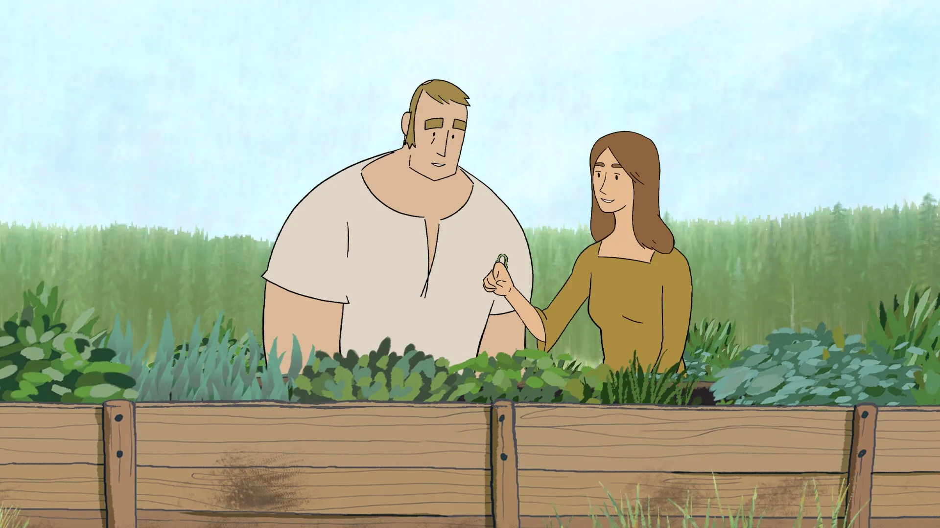 Pine: Woodworker and wife sharing a moment in the garden, surrounded by lush greenery and plants.