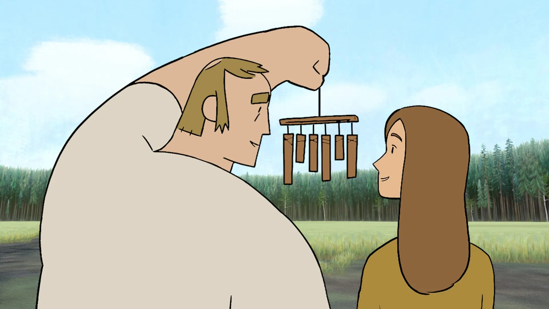 Pine: Woodworker holds wind chimes while smiling at his wife in a serene forest glade setting.