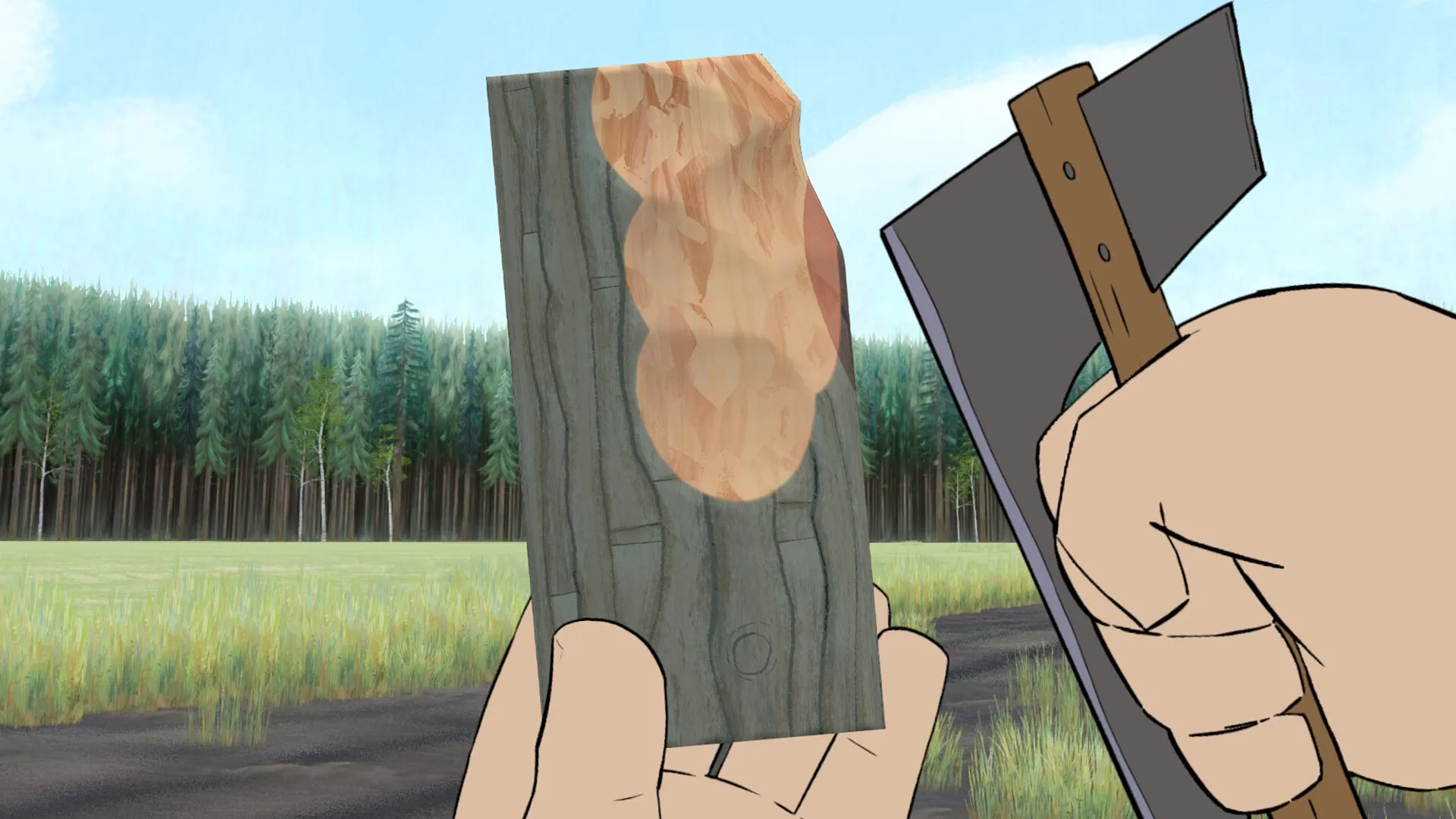 Pine: Woodworker carving intricate patterns into wood with hatchet in serene forest clearing