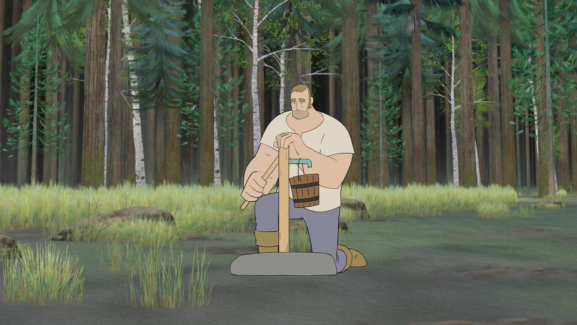 Pine: The woodworker kneels in a peaceful forest clearing, holding a wooden bucket and a stick.