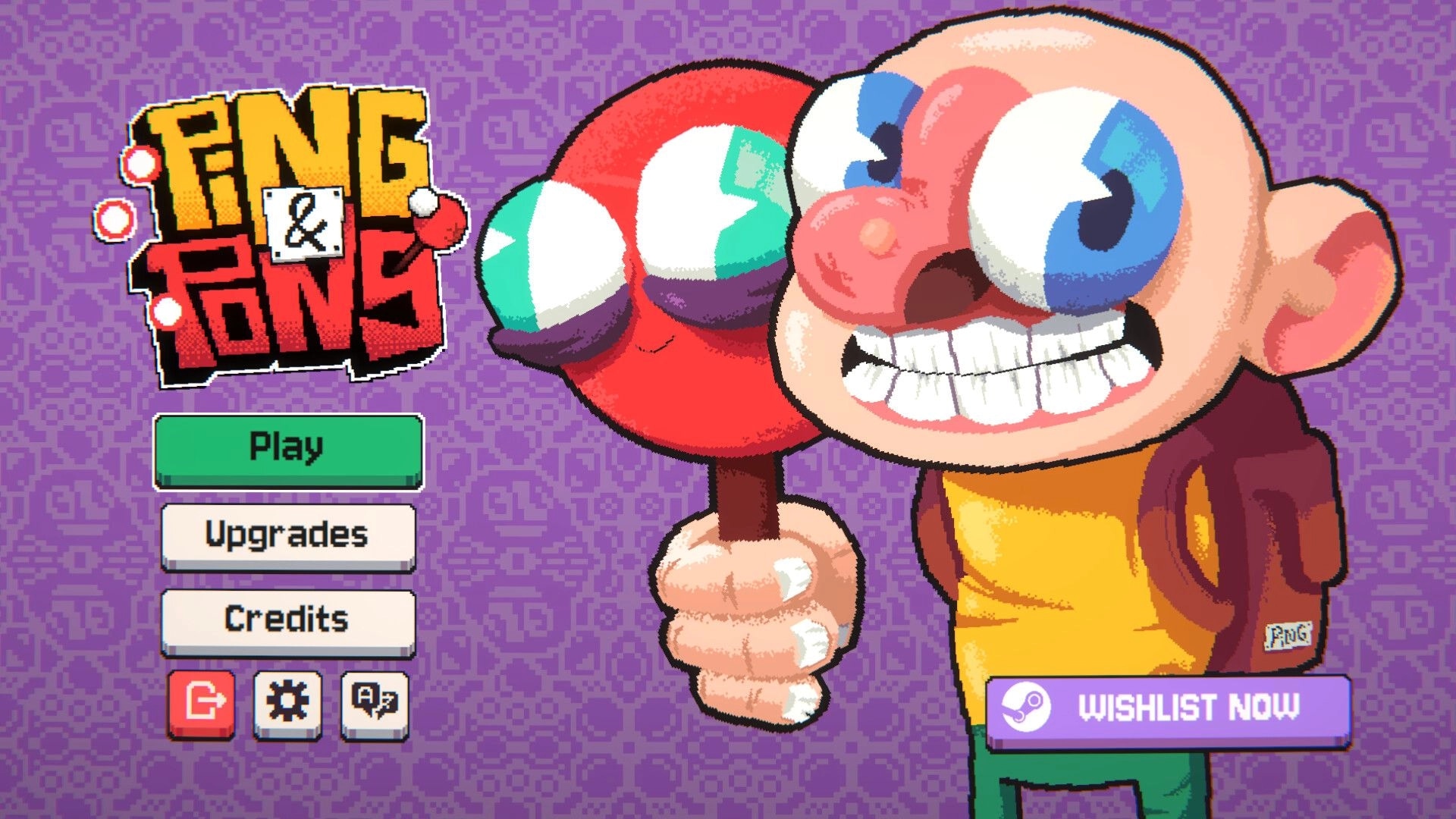 Ping&Pong: Main menu with Play, Upgrades, Credits buttons beside a big-eyed kid holding paddles on purple background.