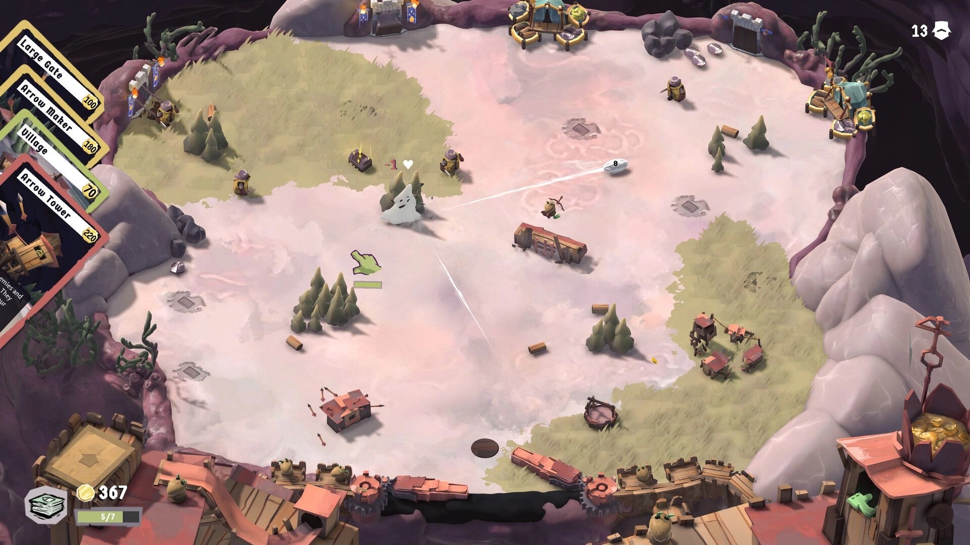 PinKeep: Pinball action with cards displayed on left, player aiming to defend a keep in rocky terrain