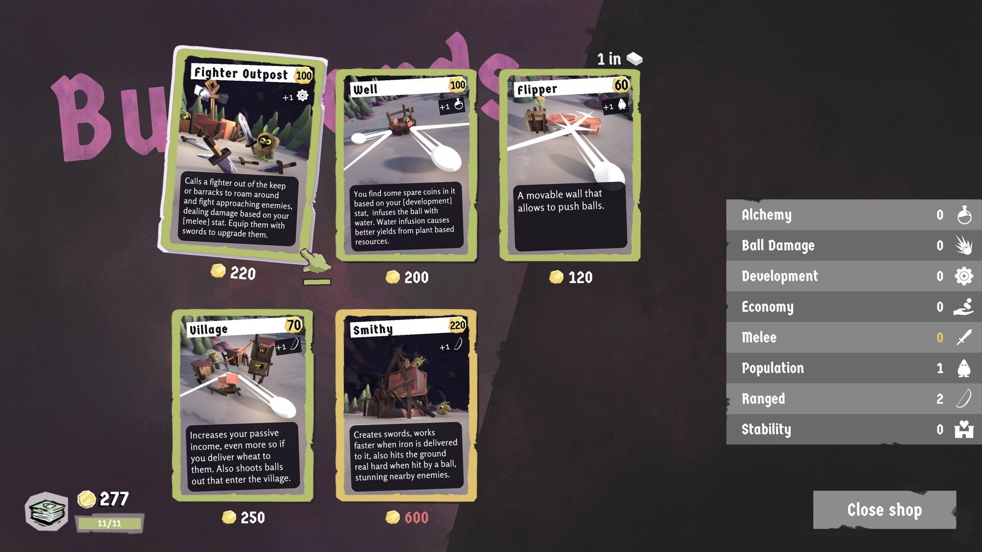 PinKeep: Card selection screen with various building cards displayed alongside resource statistics.