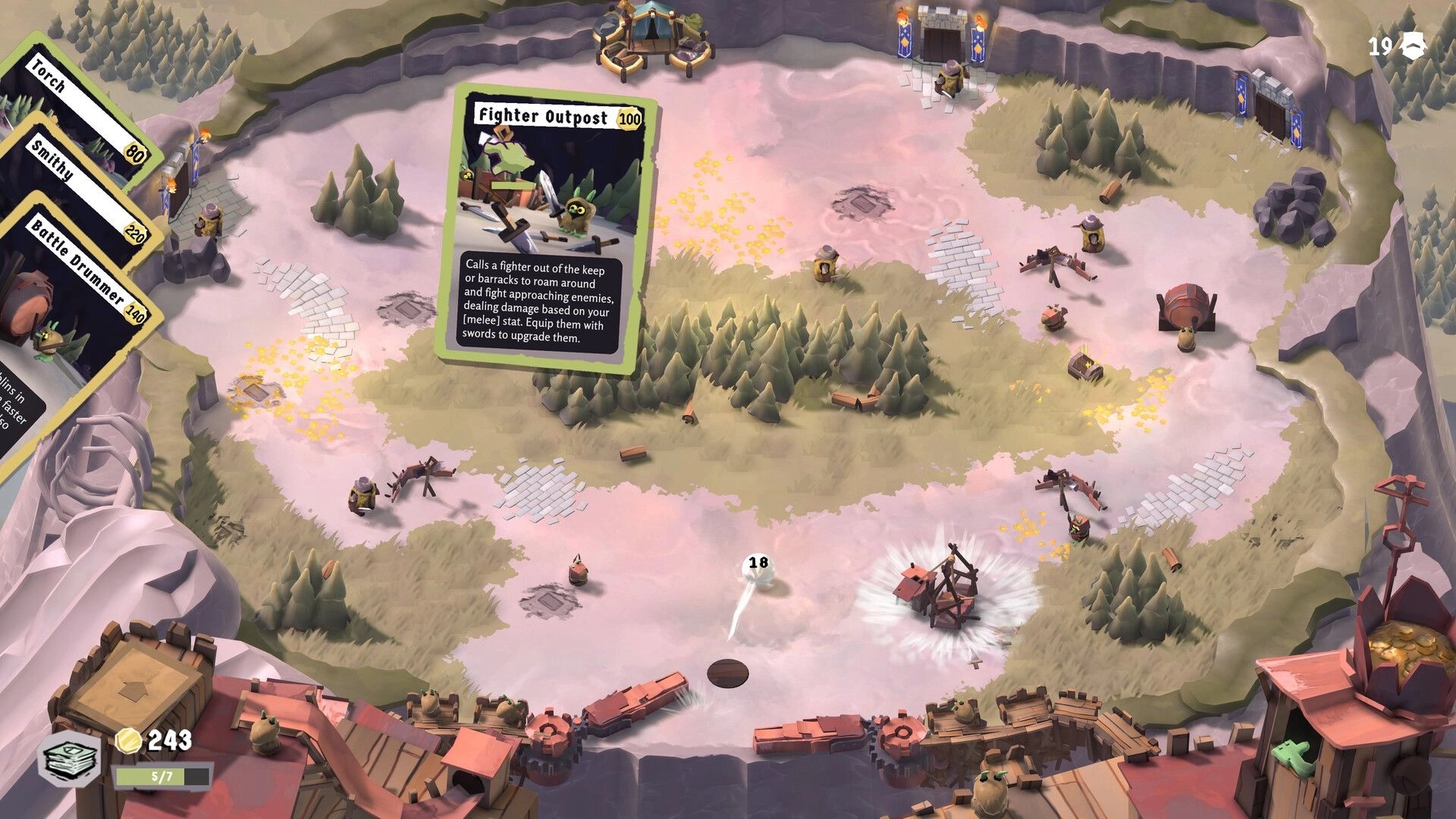 PinKeep: Player deploying a Fighter Outpost card in a forested battlefield with resources and structures.