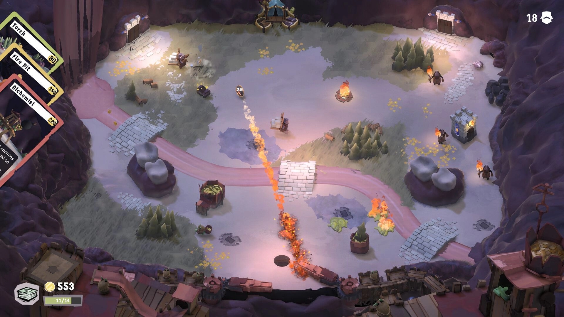 PinKeep: Fiery pinball action in a castle courtyard with pathways, trees, and enemy defenses visible.