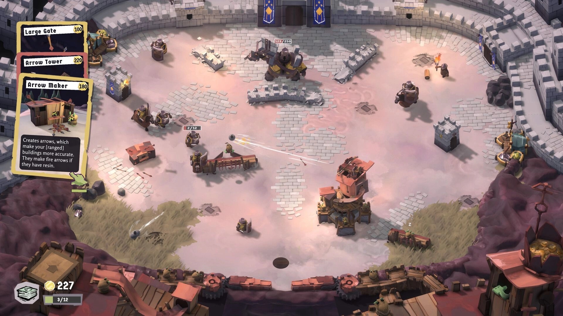 PinKeep: Pinball action in castle courtyard with enemy knights, defensive structures, and card choices.