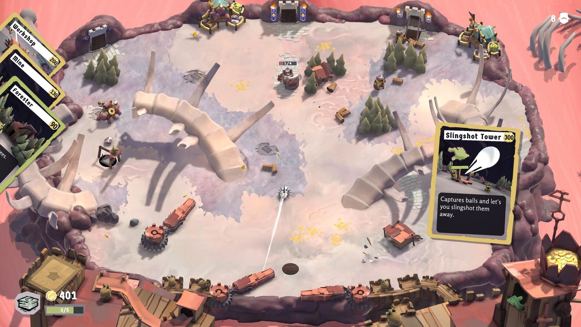 PinKeep: Pinball gameplay in rocky terrain with cards displayed and Slingshot Tower card highlighted