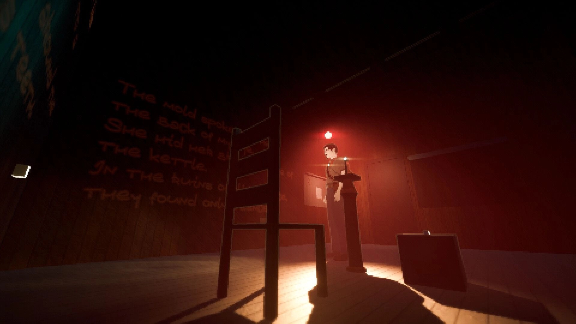 Pinnacle Point: Character stands near a lectern in a dimly lit room with eerie red lighting and shadows.