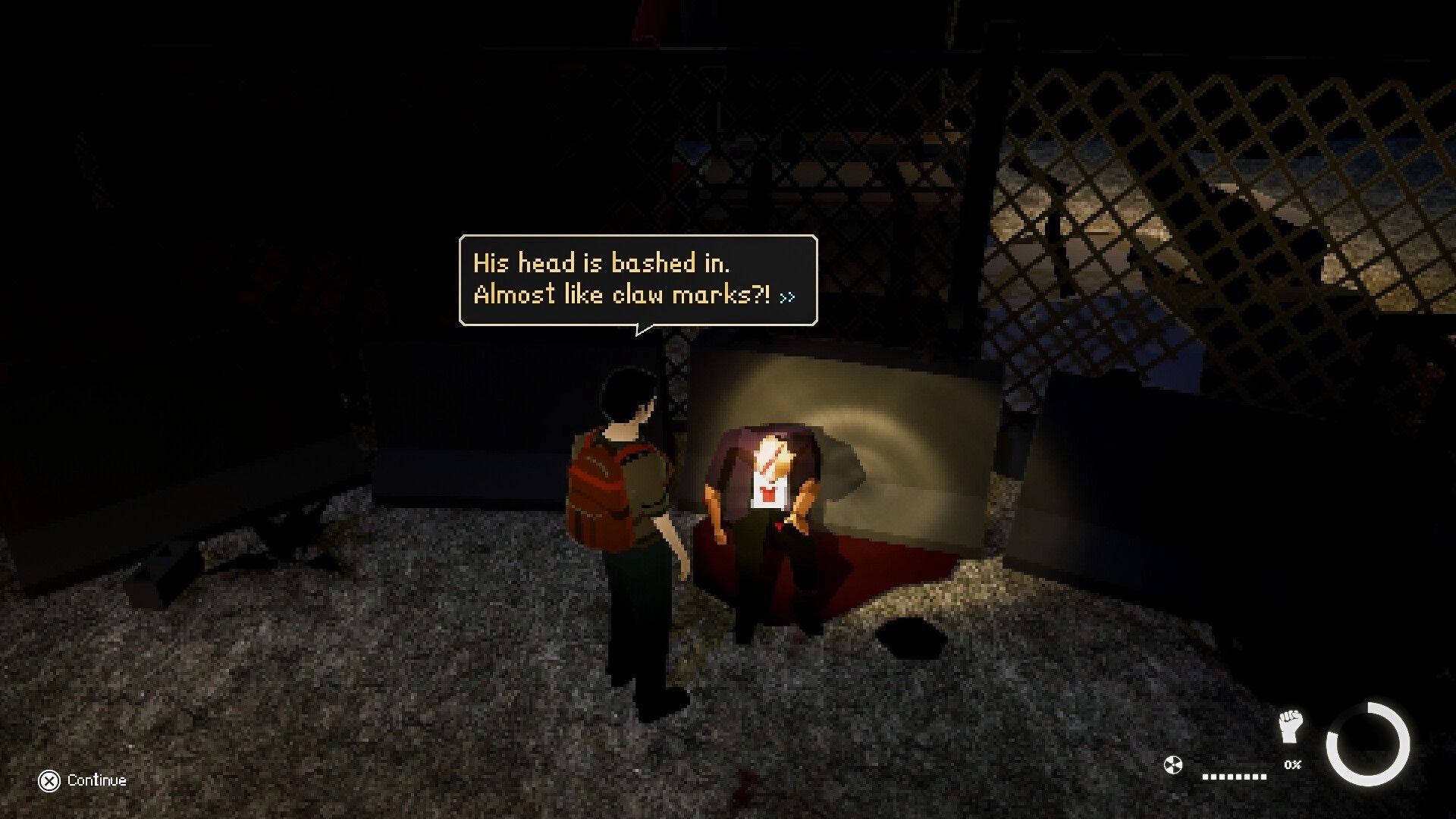 Pinnacle Point: Player examines body with head wounds near fence in dimly lit outdoor area