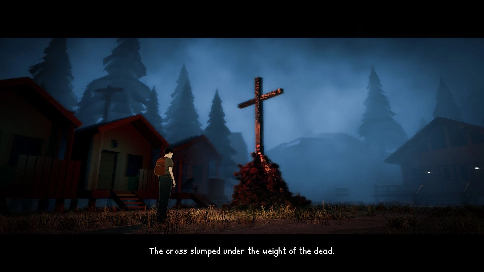 Pinnacle Point: Character stands before a cross in a foggy village, surrounded by eerie cabins.