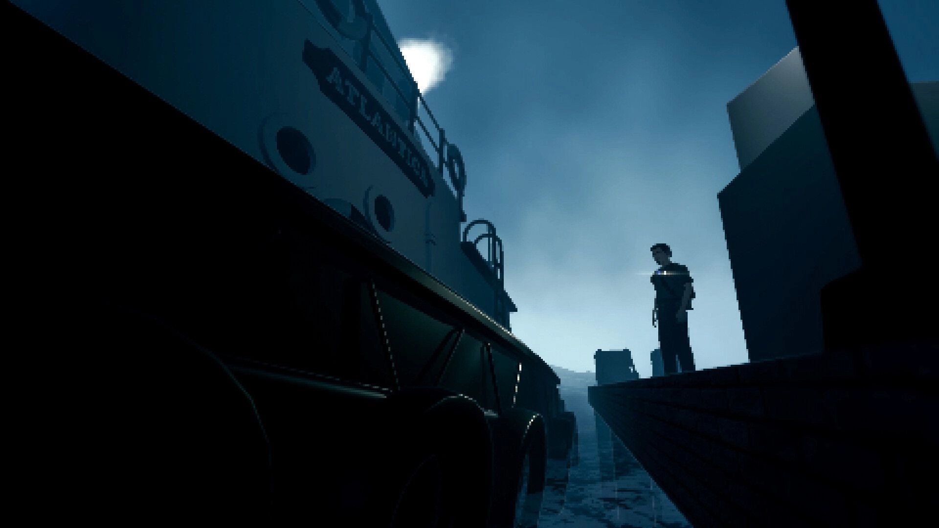 Pinnacle Point: Lone character stands on dock beside large ship under moody, foggy sky