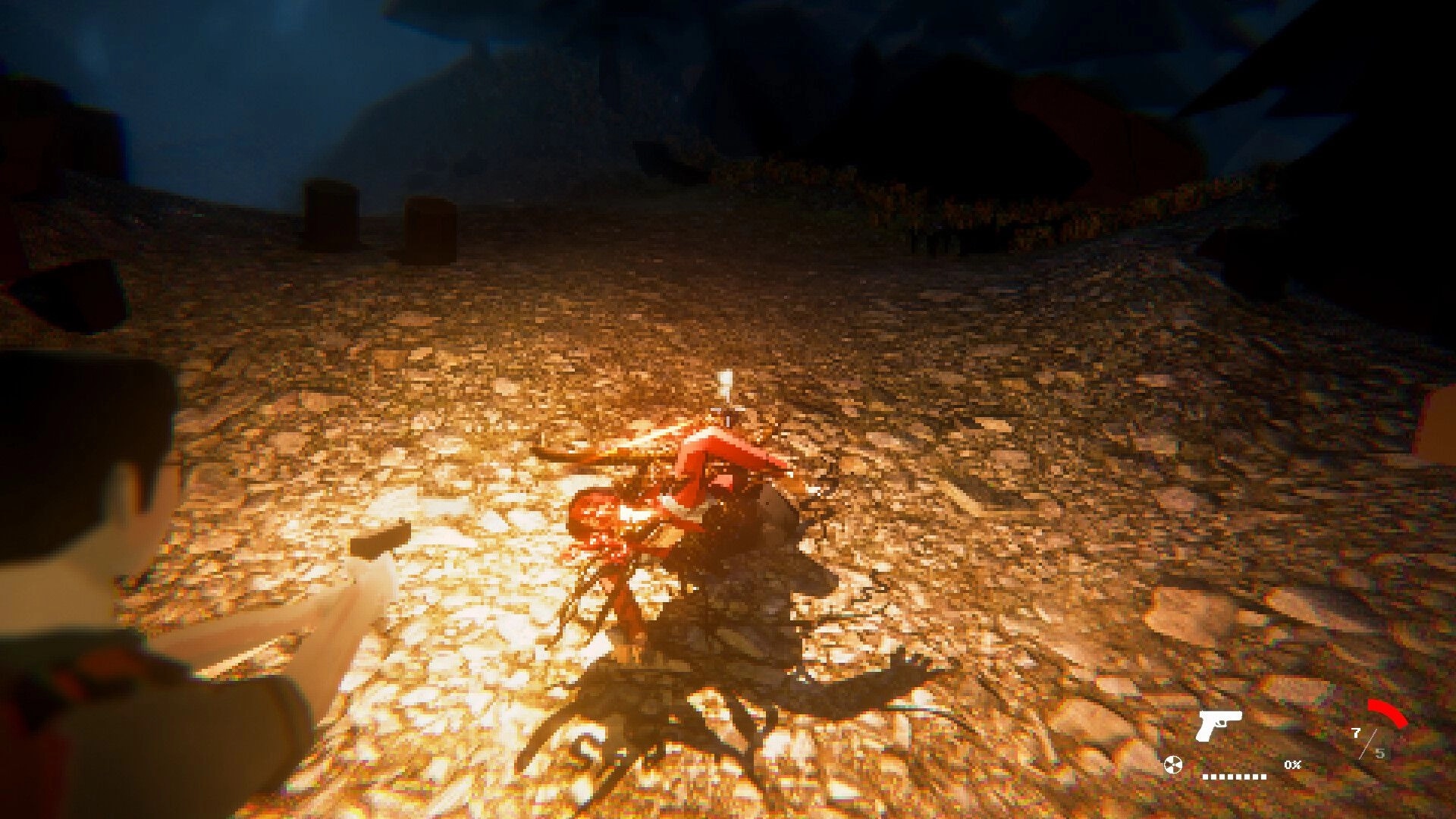 Pinnacle Point: Player aiming gun at glowing creature on rocky path at night with HUD elements visible