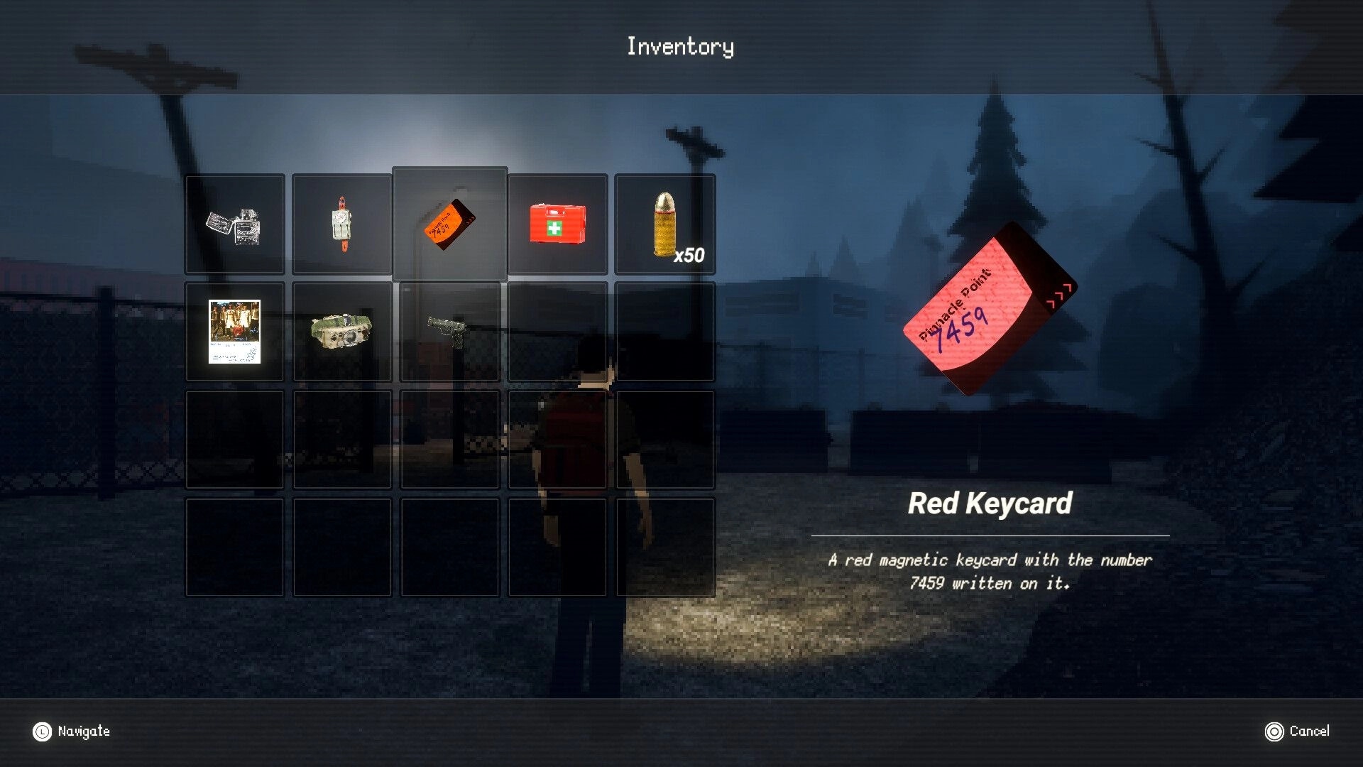 Pinnacle Point: Inventory screen with red keycard highlighted, showing description and item details outdoors.