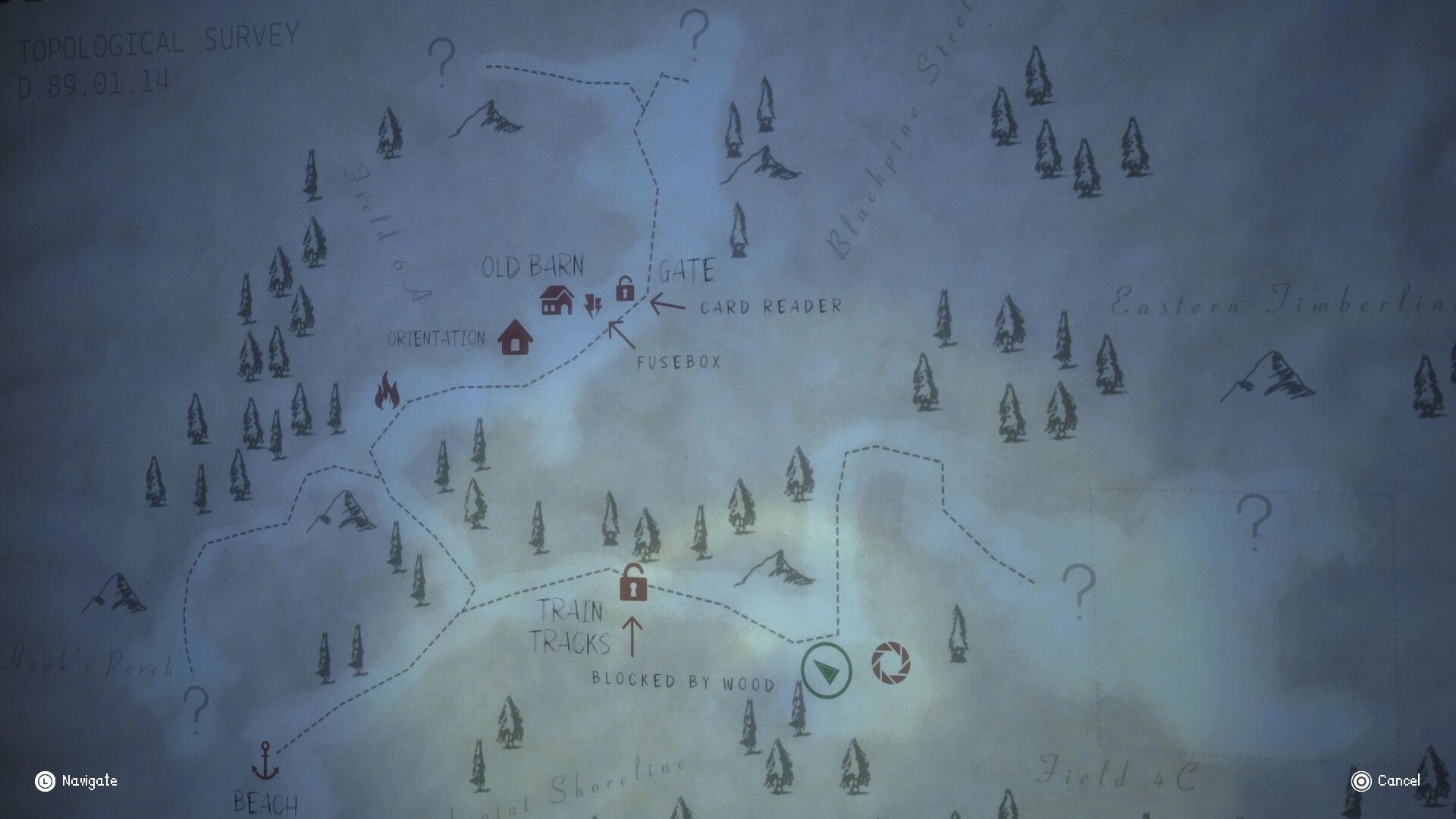Pinnacle Point: Detailed island map showing key locations like Old Barn, Gate, and Train Tracks.