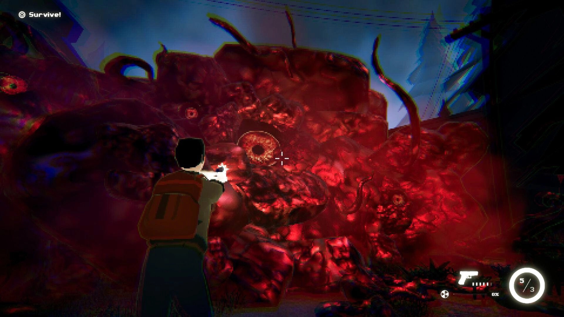 Pinnacle Point: Character confronts massive red growths with a pistol on an eerie, isolated island