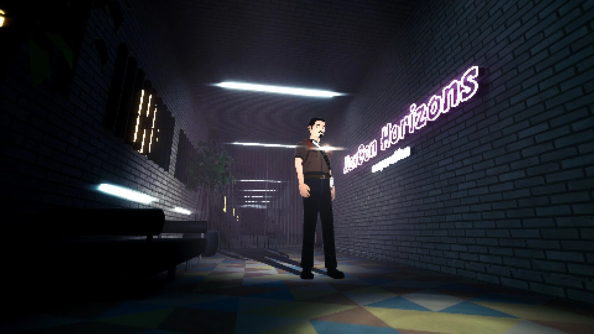 Pinnacle Point: Character stands in dimly lit hallway with neon sign reading "New Horizons" on wall.