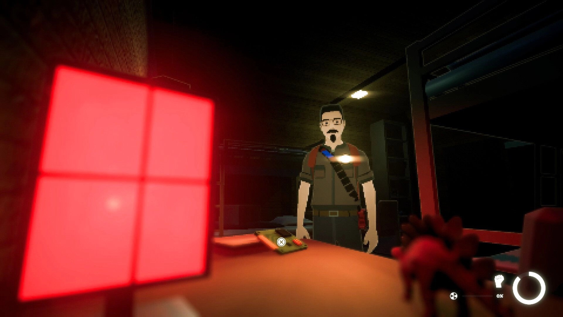 Pinnacle Point: Character inspects mysterious red-lit room with bunk beds and items on a table