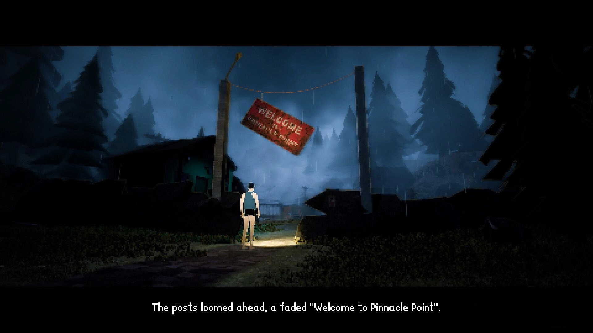Pinnacle Point: Character stands under a "Welcome" sign in a foggy, forested area with dim lighting.