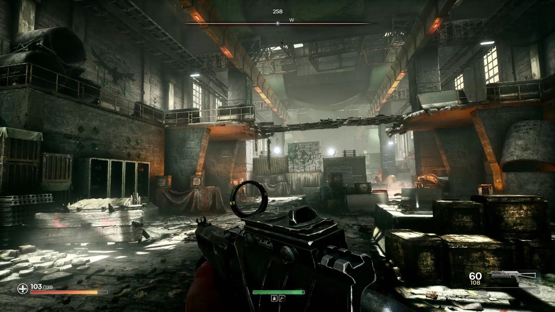 PIONER: First-person view exploring an abandoned warehouse with weapon HUD and health bar visible