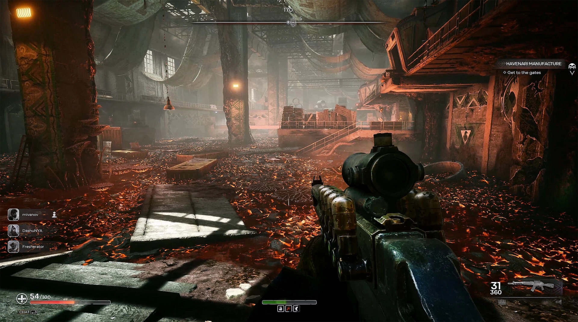 PIONER: First-person view exploring an industrial warehouse with decaying decor and mission objectives.