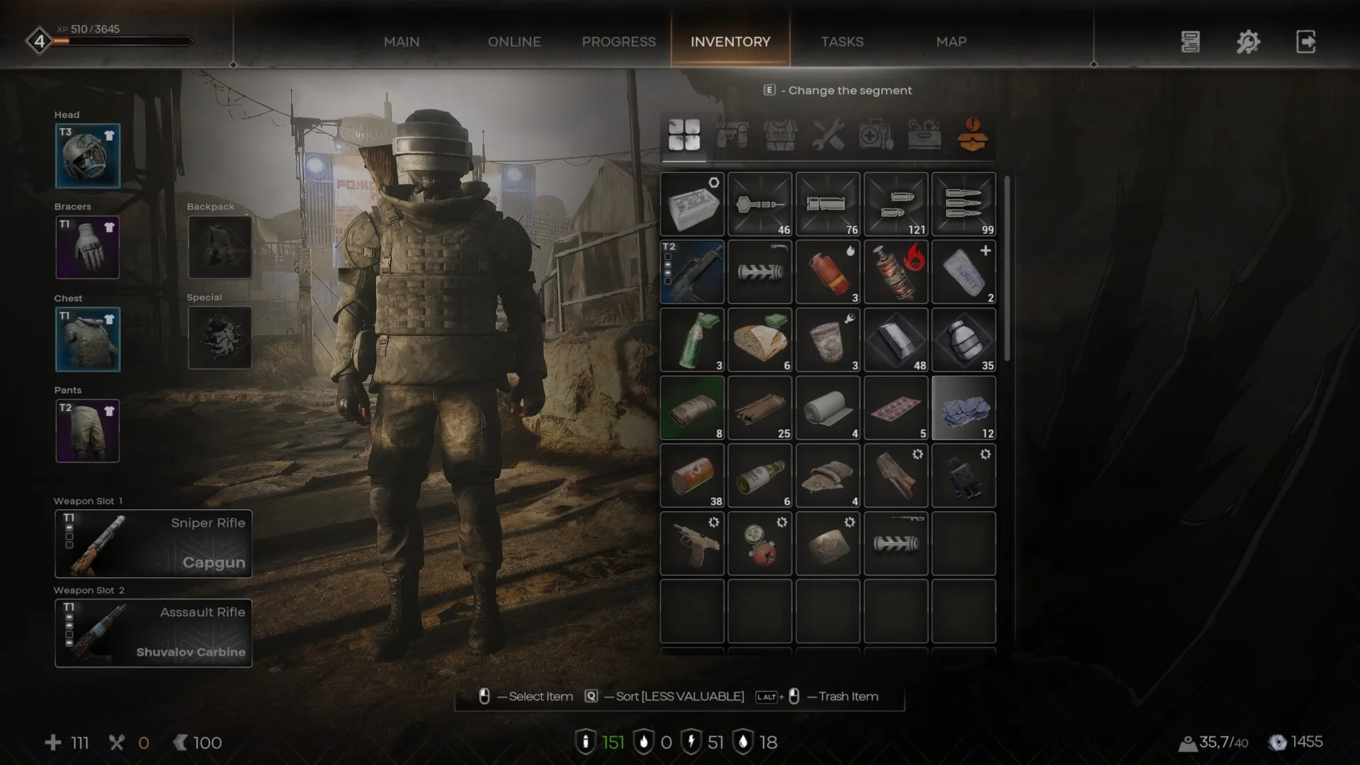 PIONER: Character in armor beside inventory screen with weapons, gear, and resources in dusty setting