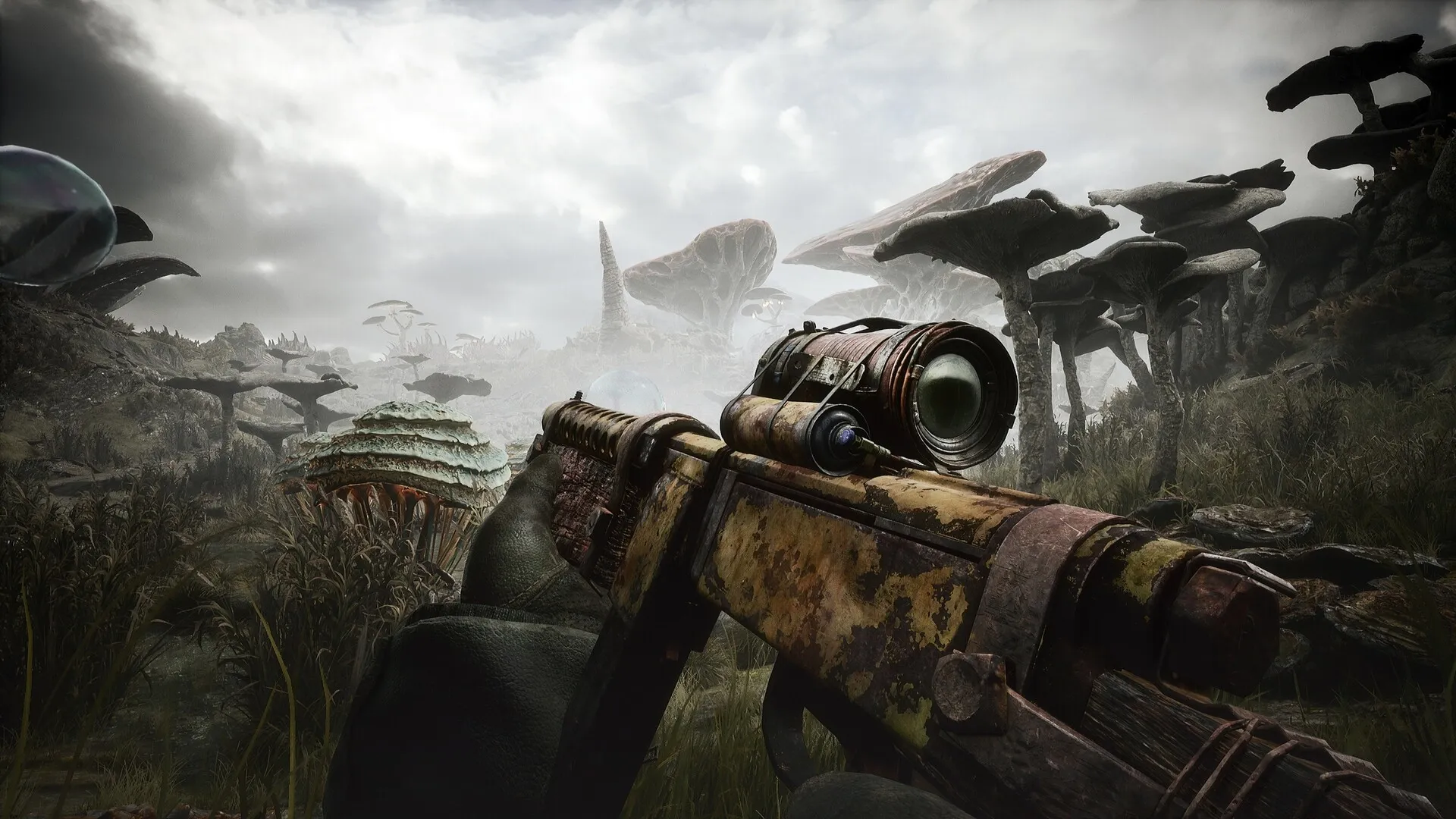 PIONER: First-person view aiming rifle in an alien landscape with large mushroom-like plants and cloudy sky