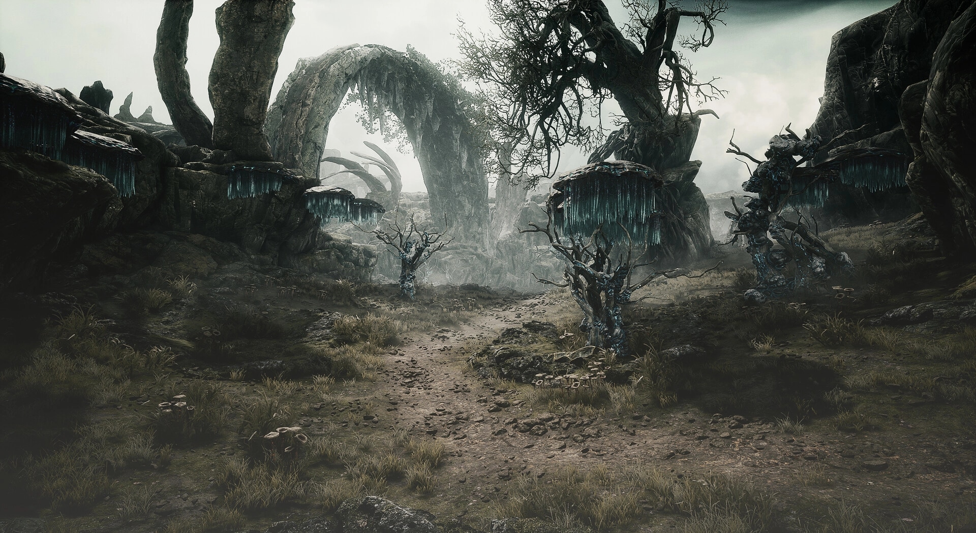 PIONER: Pathway through a desolate landscape with twisted trees and rocky arches in a grim environment.