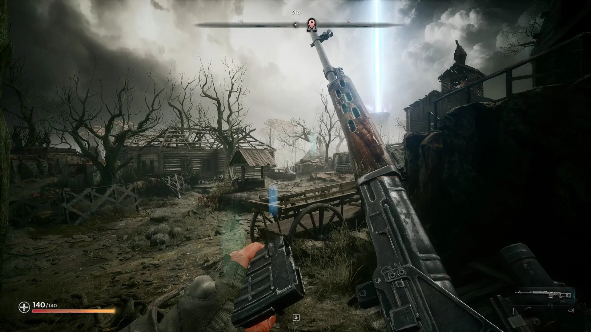 PIONER: Reloading weapon in desolate village with ruined buildings and stormy skies in background