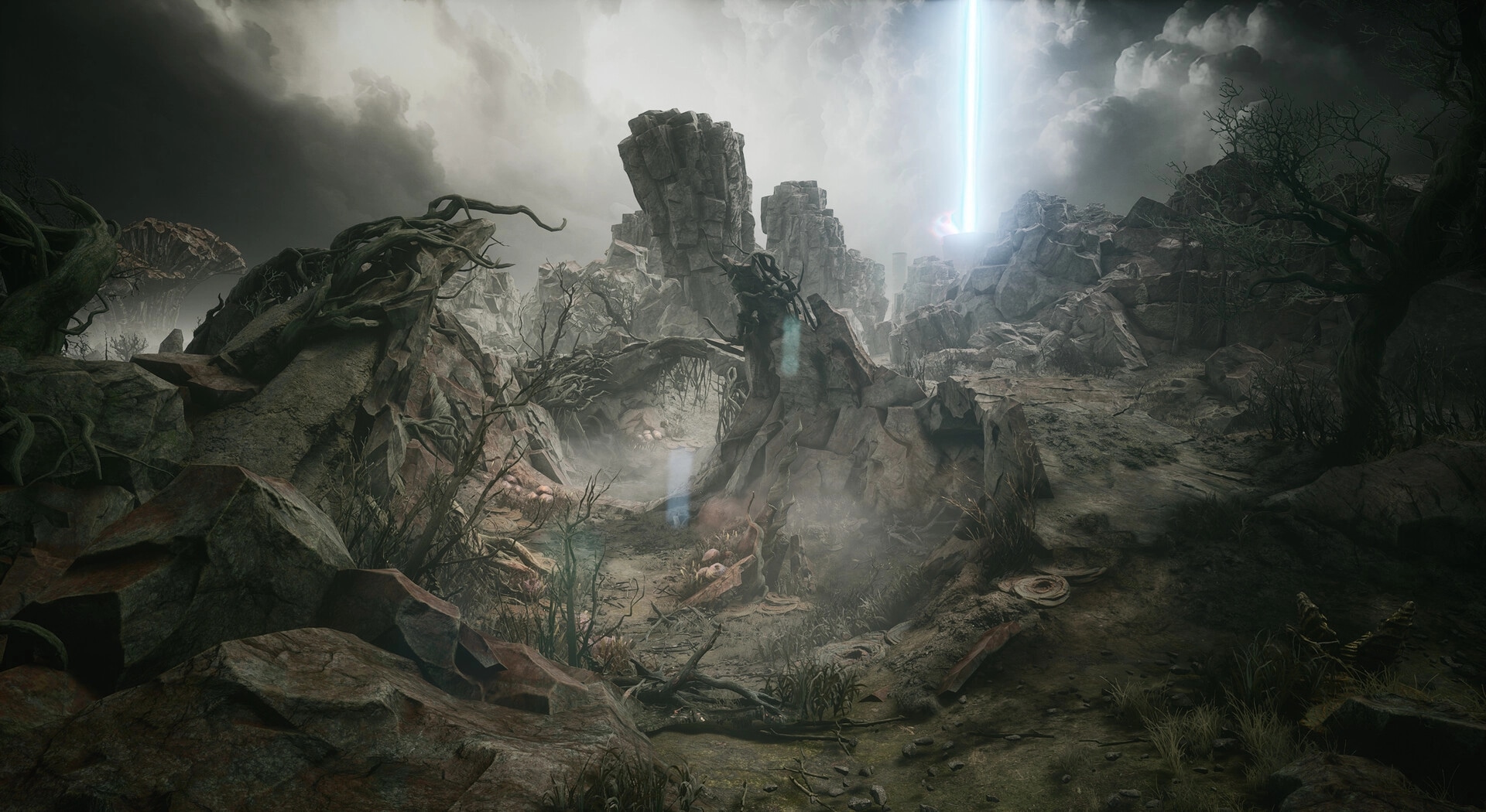 PIONER: Desolate rocky landscape with twisted trees and a bright light beam piercing the cloudy sky.