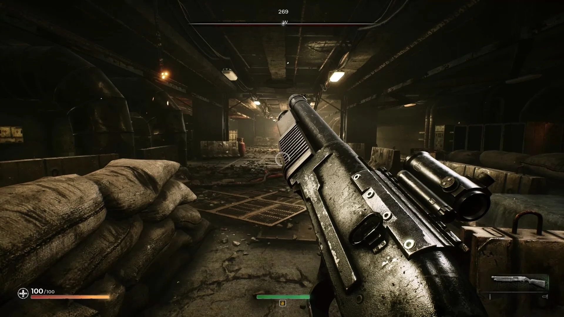 PIONER: First-person aiming with a rifle in a dimly lit, industrial underground corridor with debris scattered.