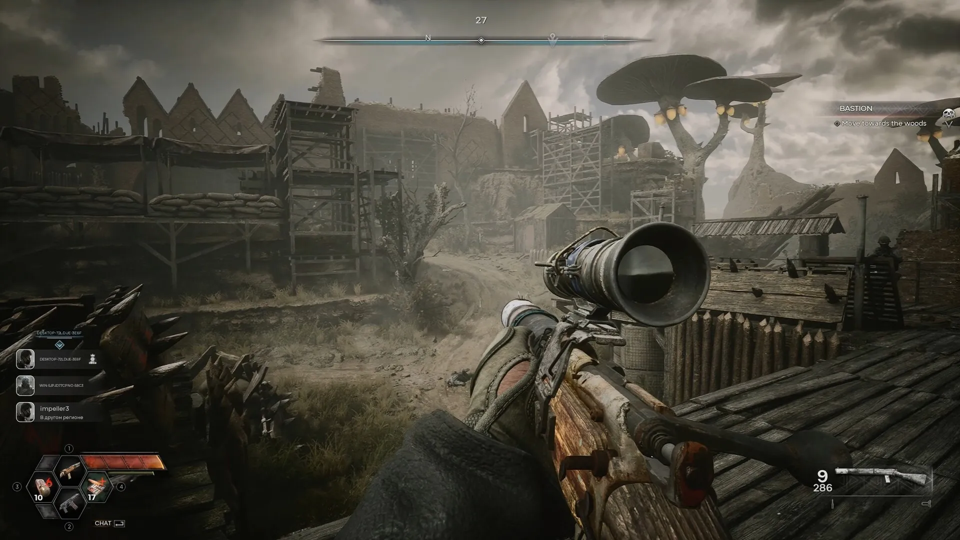 PIONER: Player aims sniper rifle in a post-apocalyptic village with scattered wooden structures and trees.