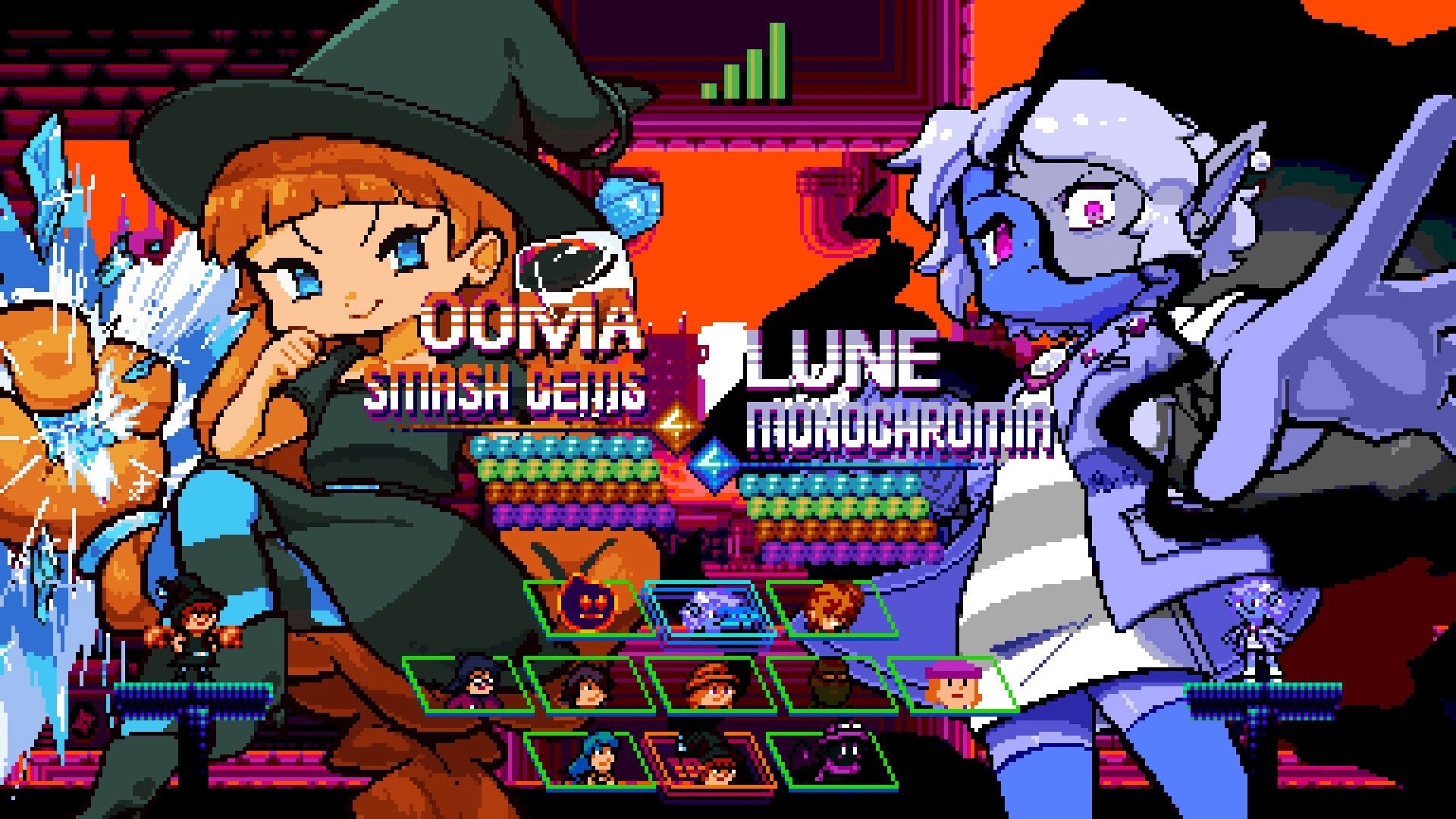 Pip Puzzle: Character selection screen with Oona and Lune, colorful gem grid in the background