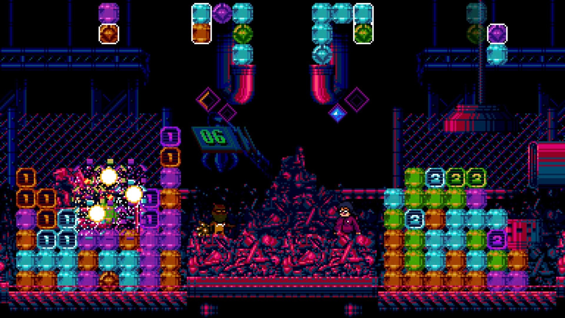 Pip Puzzle: Colorful gem stacks with characters battling in a vibrant, industrial arcade setting