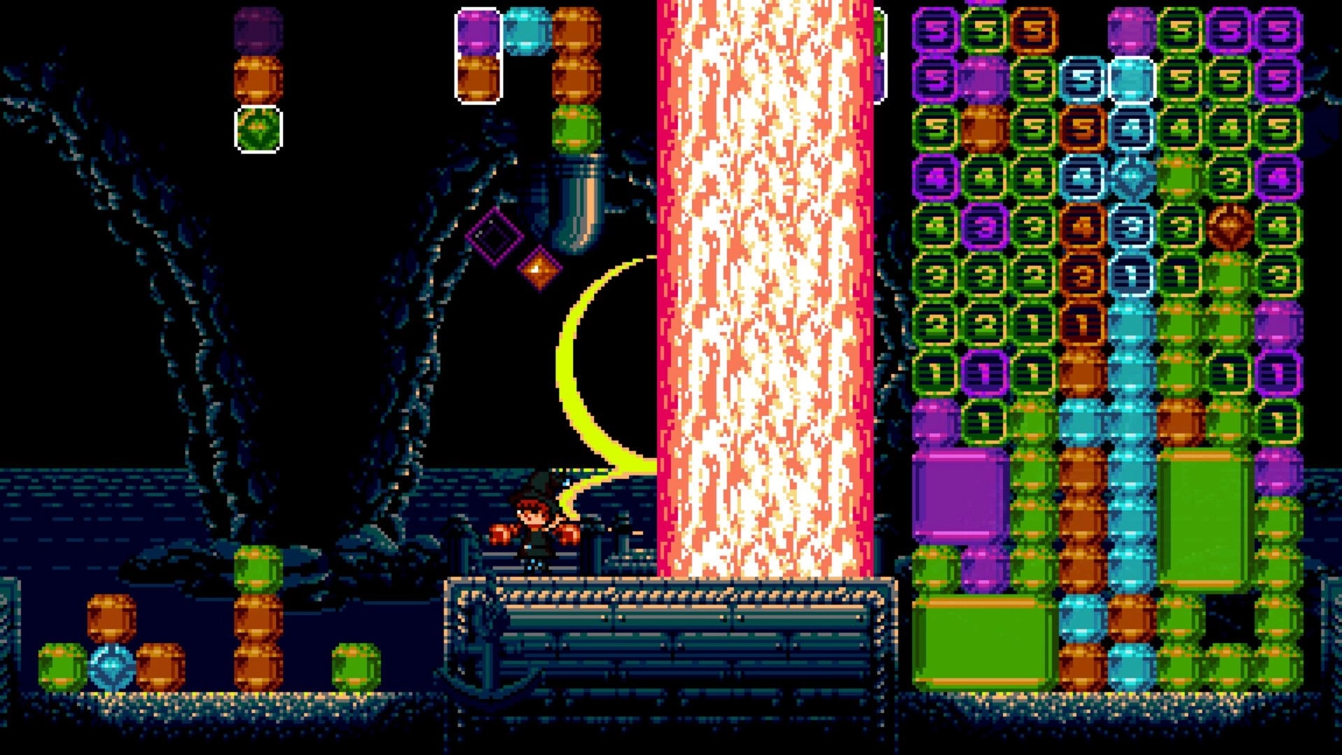 Pip Puzzle: Character with boxing gloves amidst falling gems and glowing pillar in a dark cavern setting