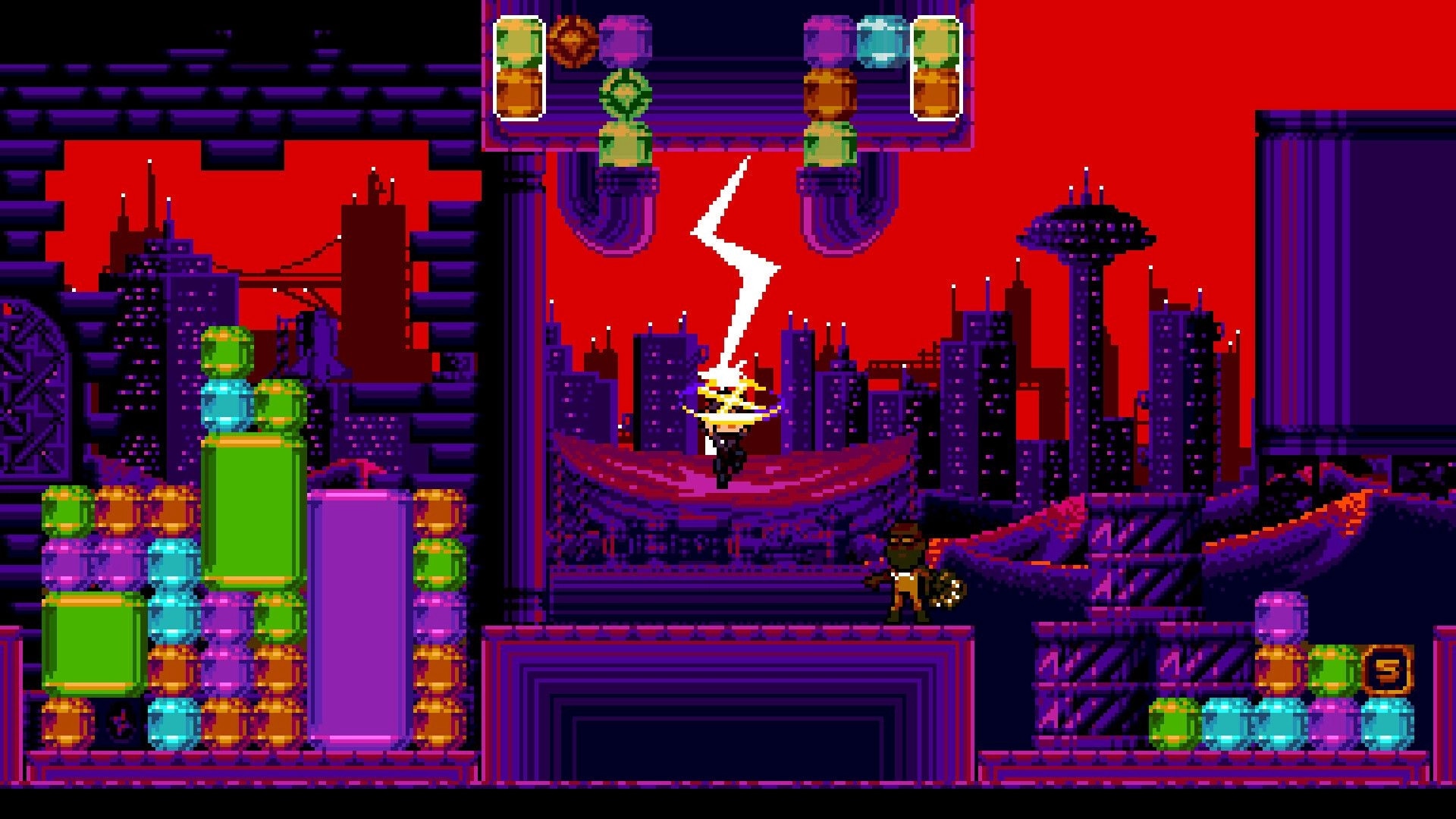 Pip Puzzle: Character unleashes lightning attack in futuristic cityscape with stacked colorful gems