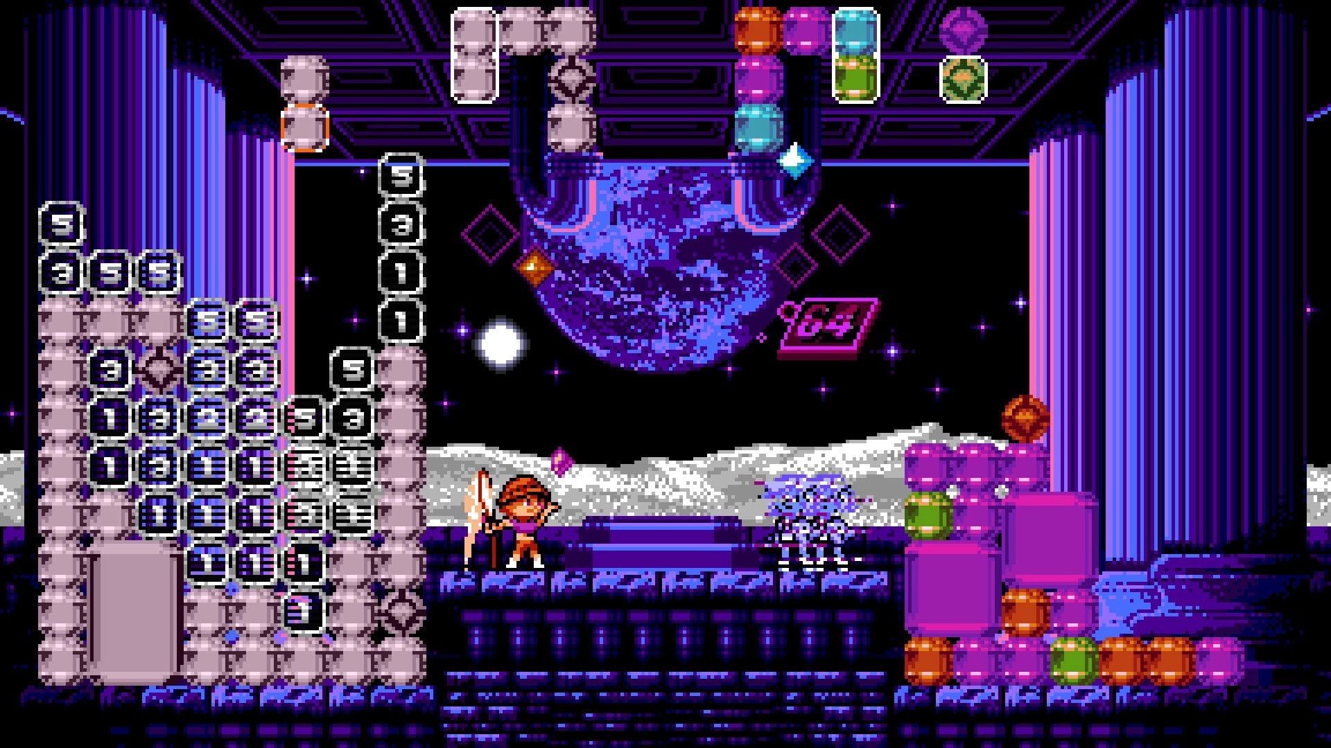 Pip Puzzle: Character duel with gem stacks in a cosmic arena with large columns and a moon backdrop