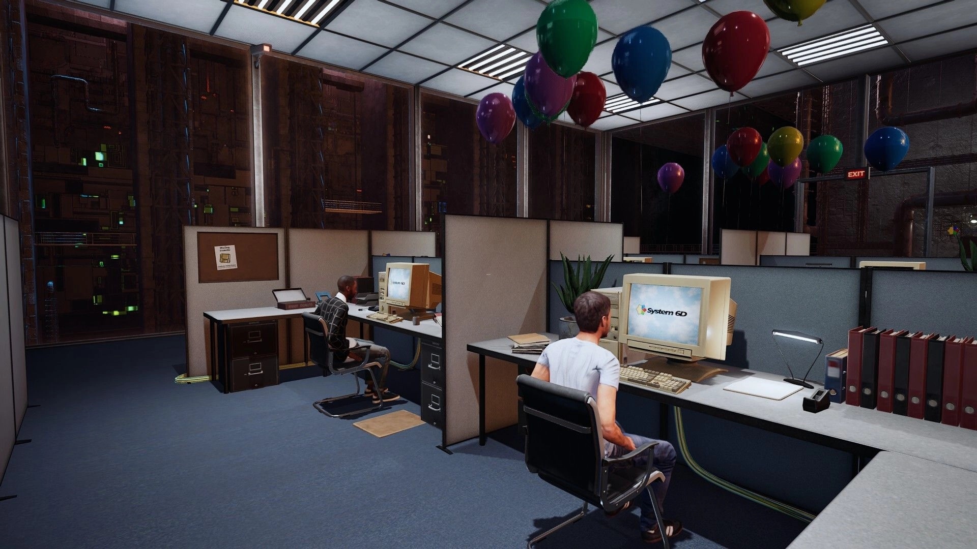Pipes.exe: Two coworkers at cubicle PCs with System 6D screens in a balloon-filled office lab.