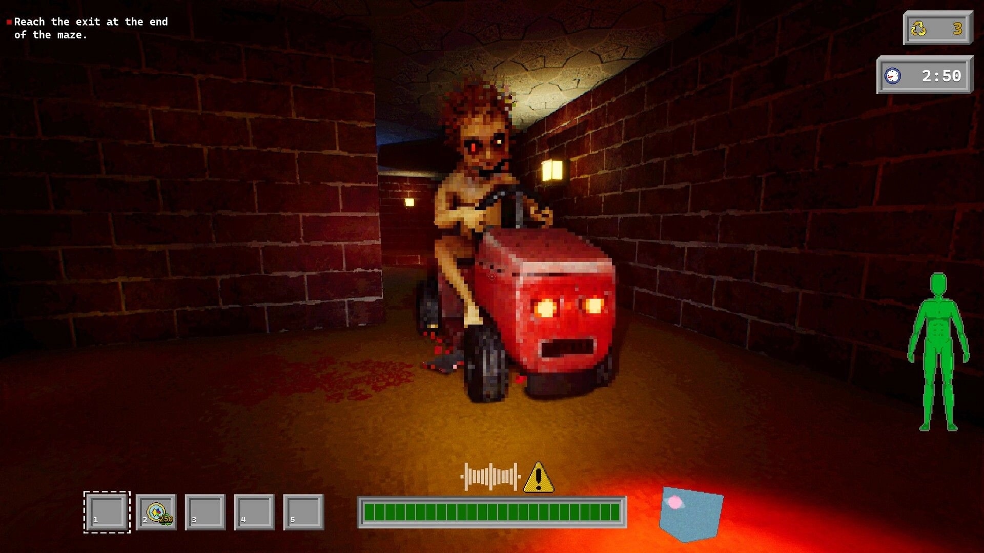 Pipes.exe: Mutant enemy pushes a red machine in brick maze corridor, timer and inventory UI visible.