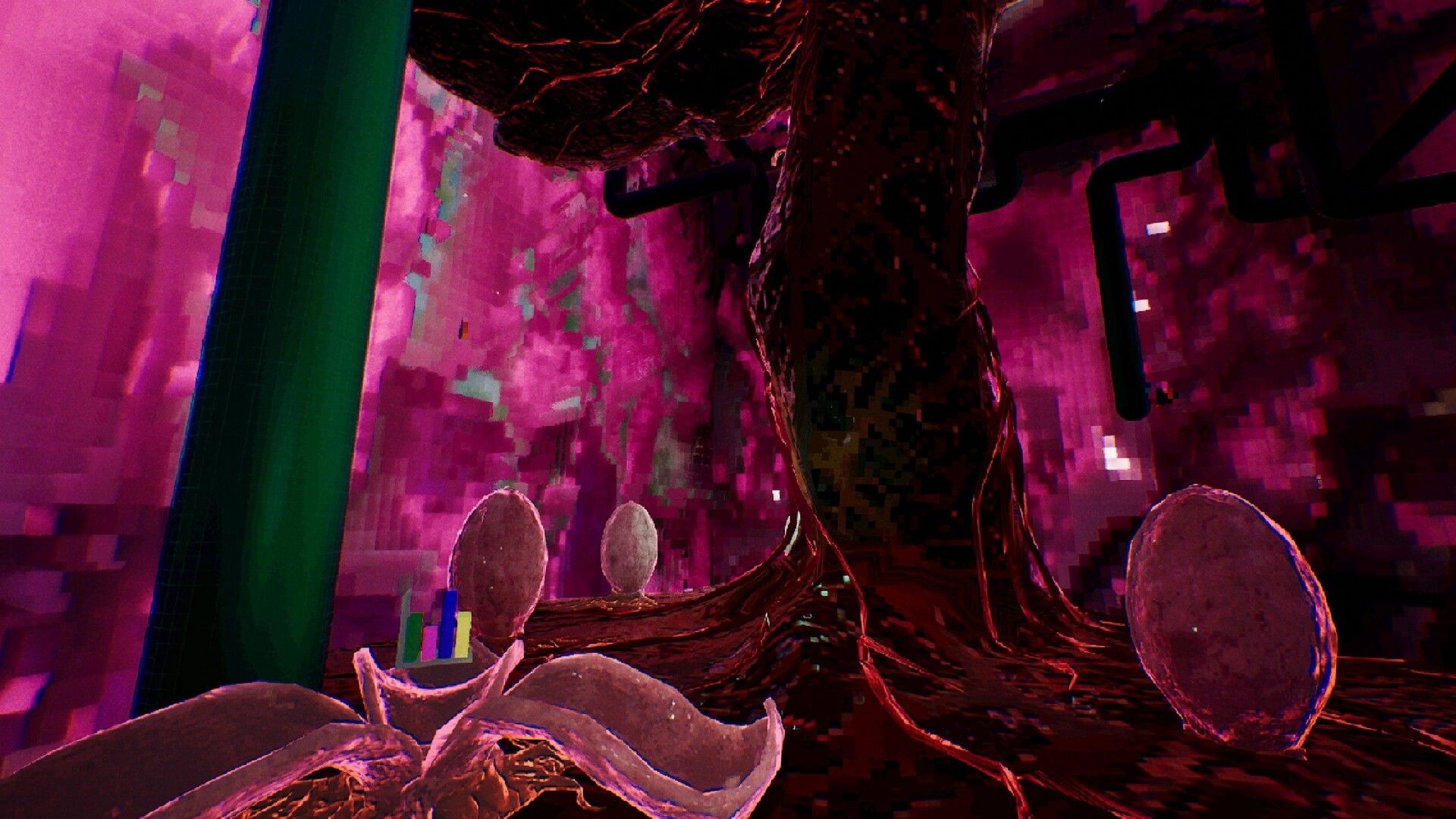 Pipes.exe: First-person view of fleshy eggs and a twisted pillar in a neon purple pipe chamber.