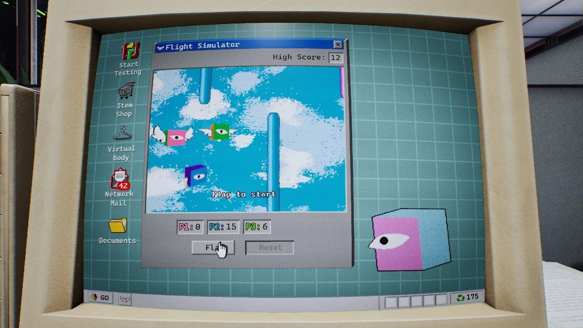 Pipes.exe: Flight Simulator minigame window with flapping birds on a retro desktop monitor UI.