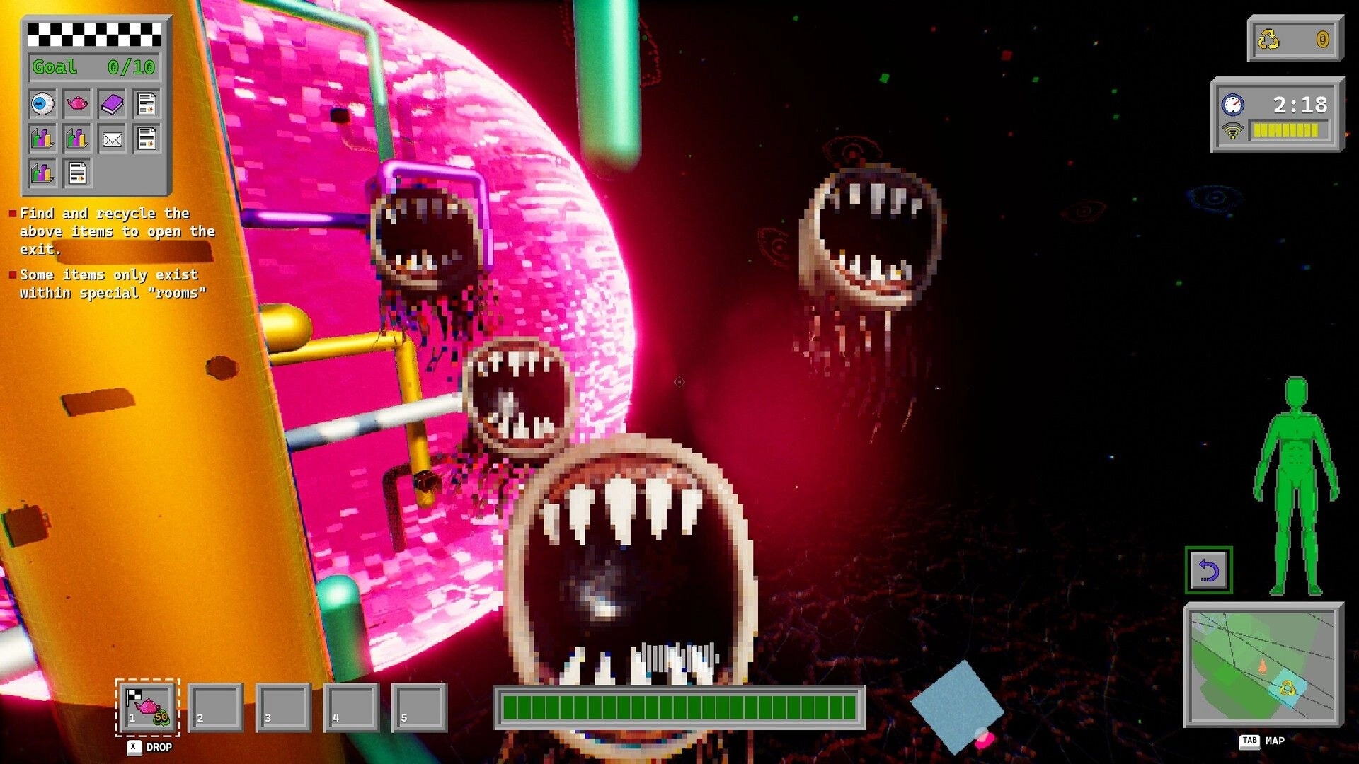 Pipes.exe: First-person view facing floating toothy mouth monsters in neon void with goal and timer UI.