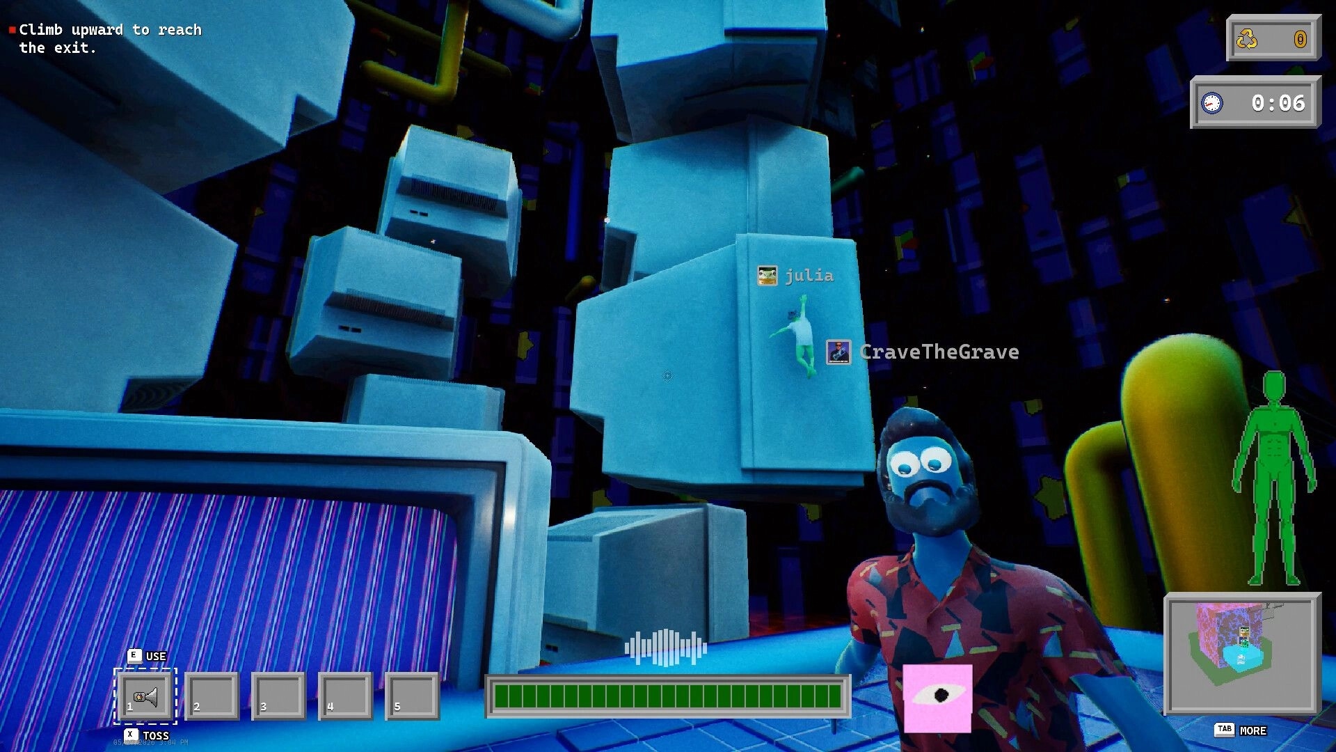 Pipes.exe: Co-op climb past floating computers with teammate tags in a neon testing chamber UI HUD.