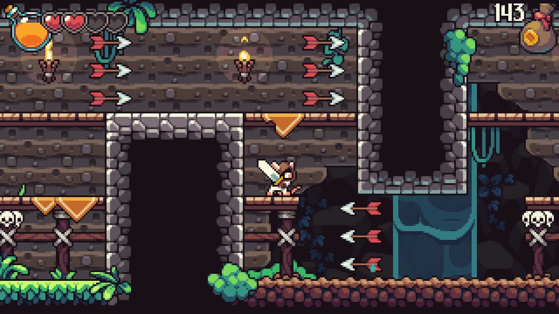 Pipsqueak!: Tofu the mouse stands on a ledge as arrows fly in a torchlit stone dungeon corridor.