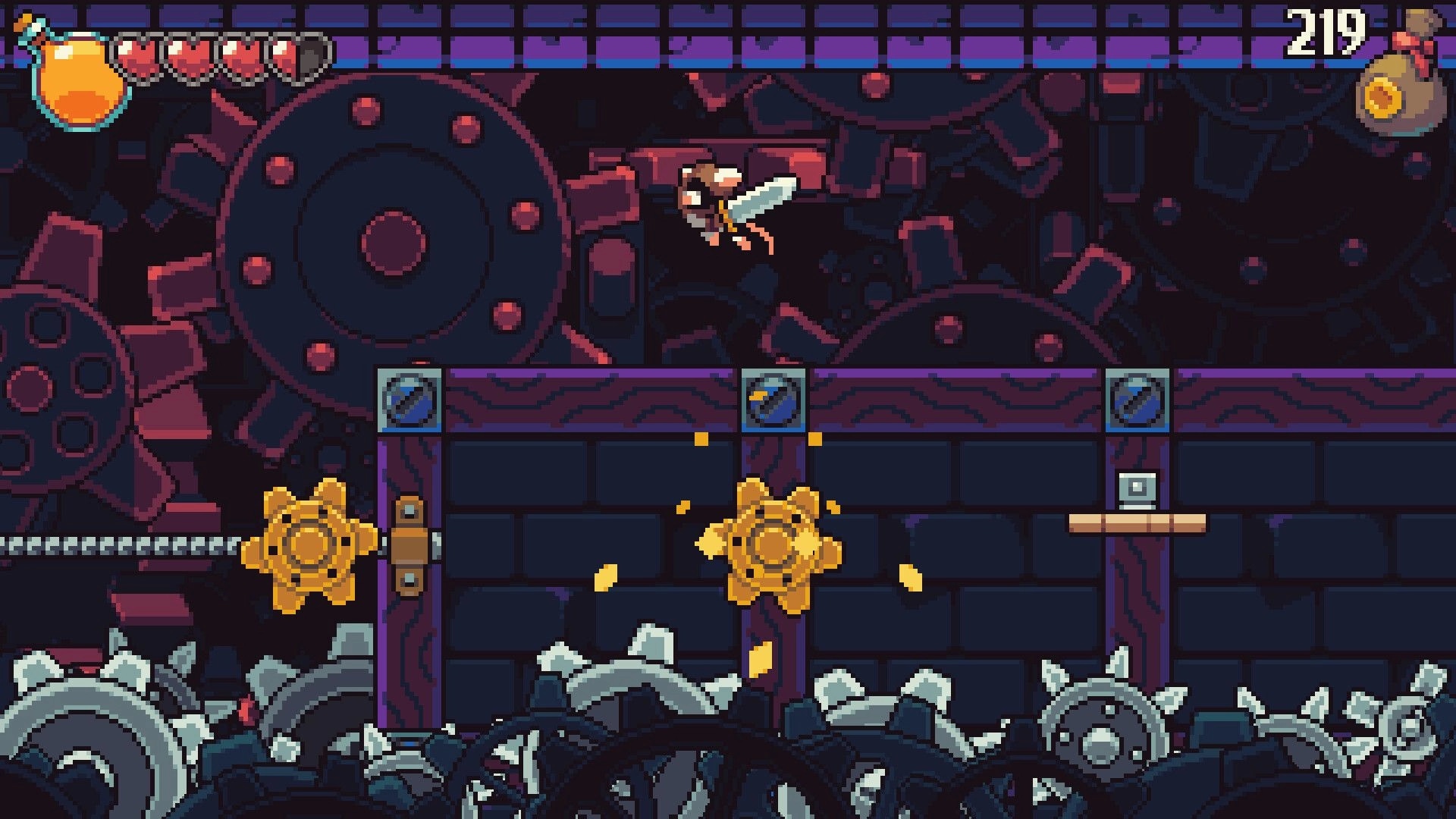 Pipsqueak!: Tofu leaps between platforms in a gear-filled factory, hearts and 219 counter on HUD.