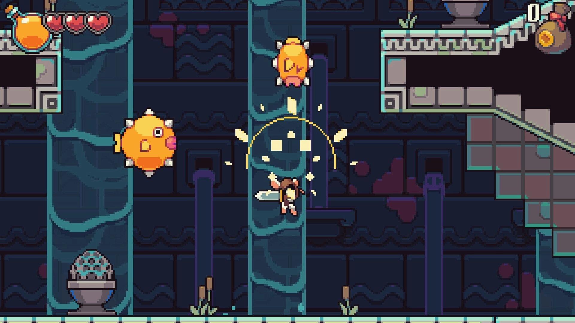 Pipsqueak!: Tofu wall-jumps between stone pillars as spiky orange fish enemies patrol a sewer tunnel.