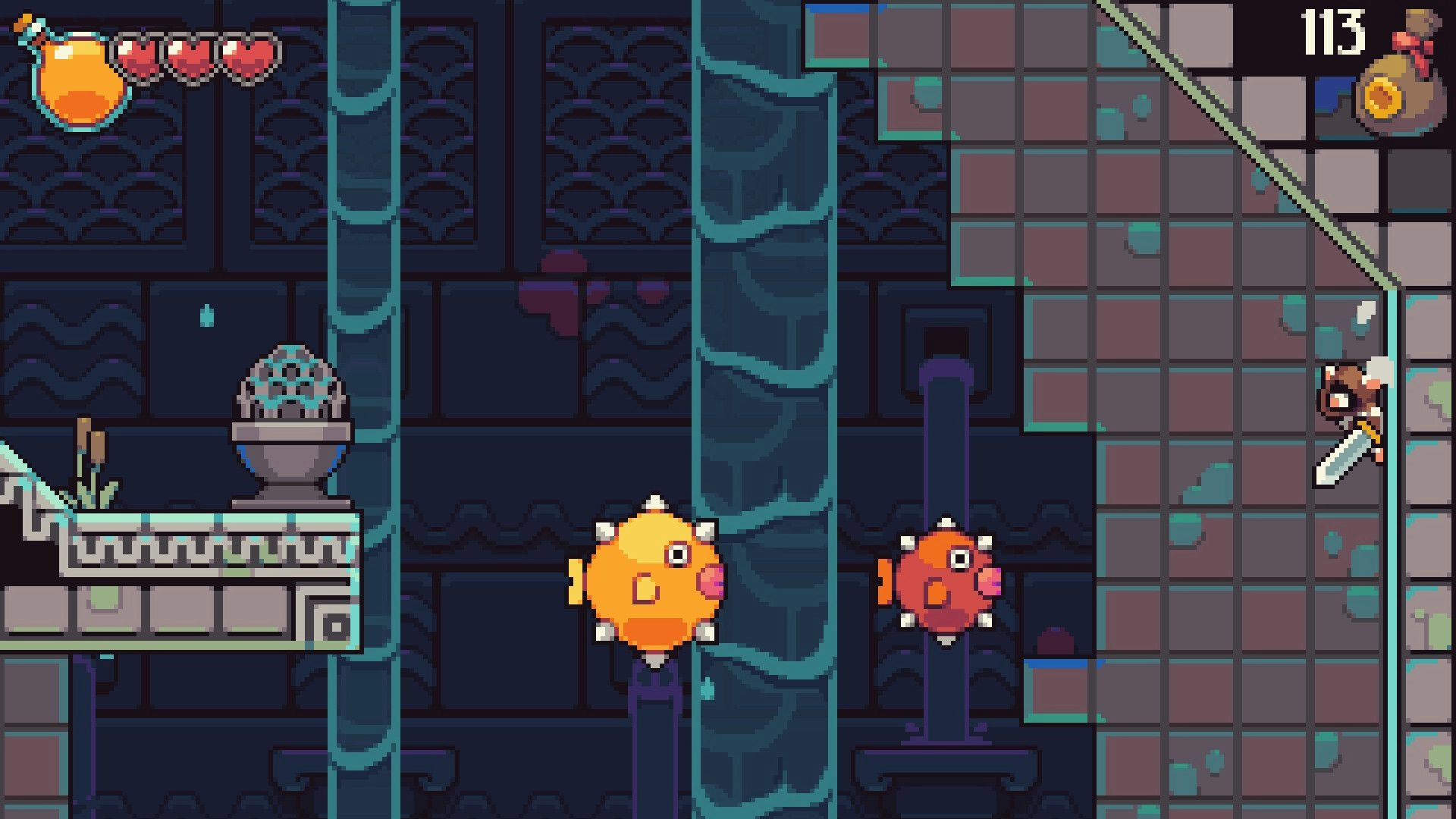 Pipsqueak!: Mouse hero clings to a wall near spiky fish foes in a dark sewer, hearts and 113 UI.