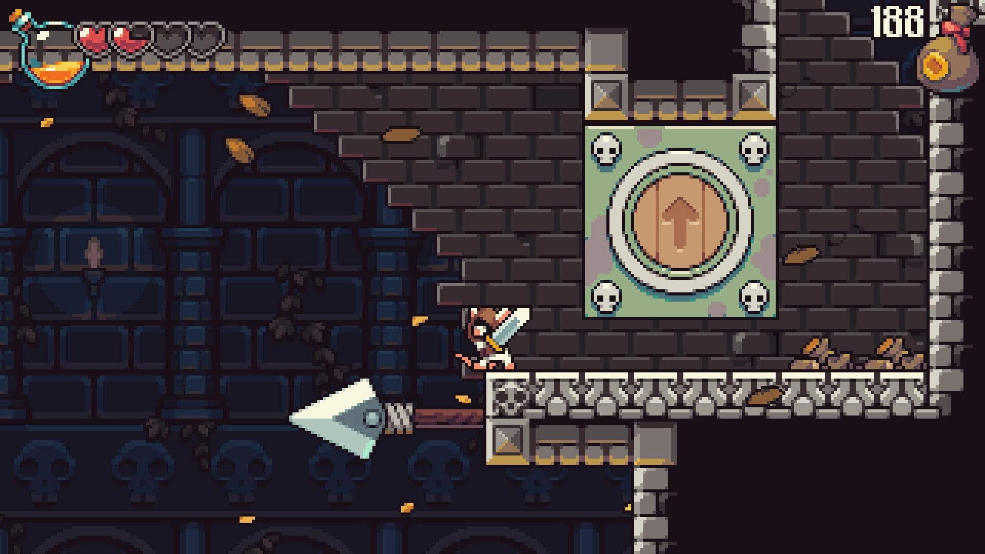 Pipsqueak!: Tofu stands on a stone ledge beside a skull-marked lift door in a dark brick dungeon UI HUD.