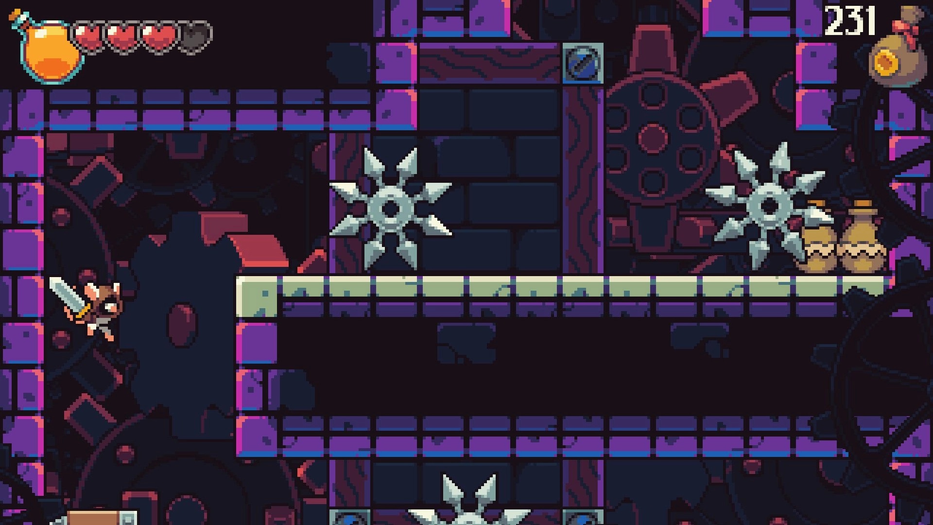 Pipsqueak!: Tofu the mouse leaps with sword past spinning saw traps in a dark purple factory corridor.