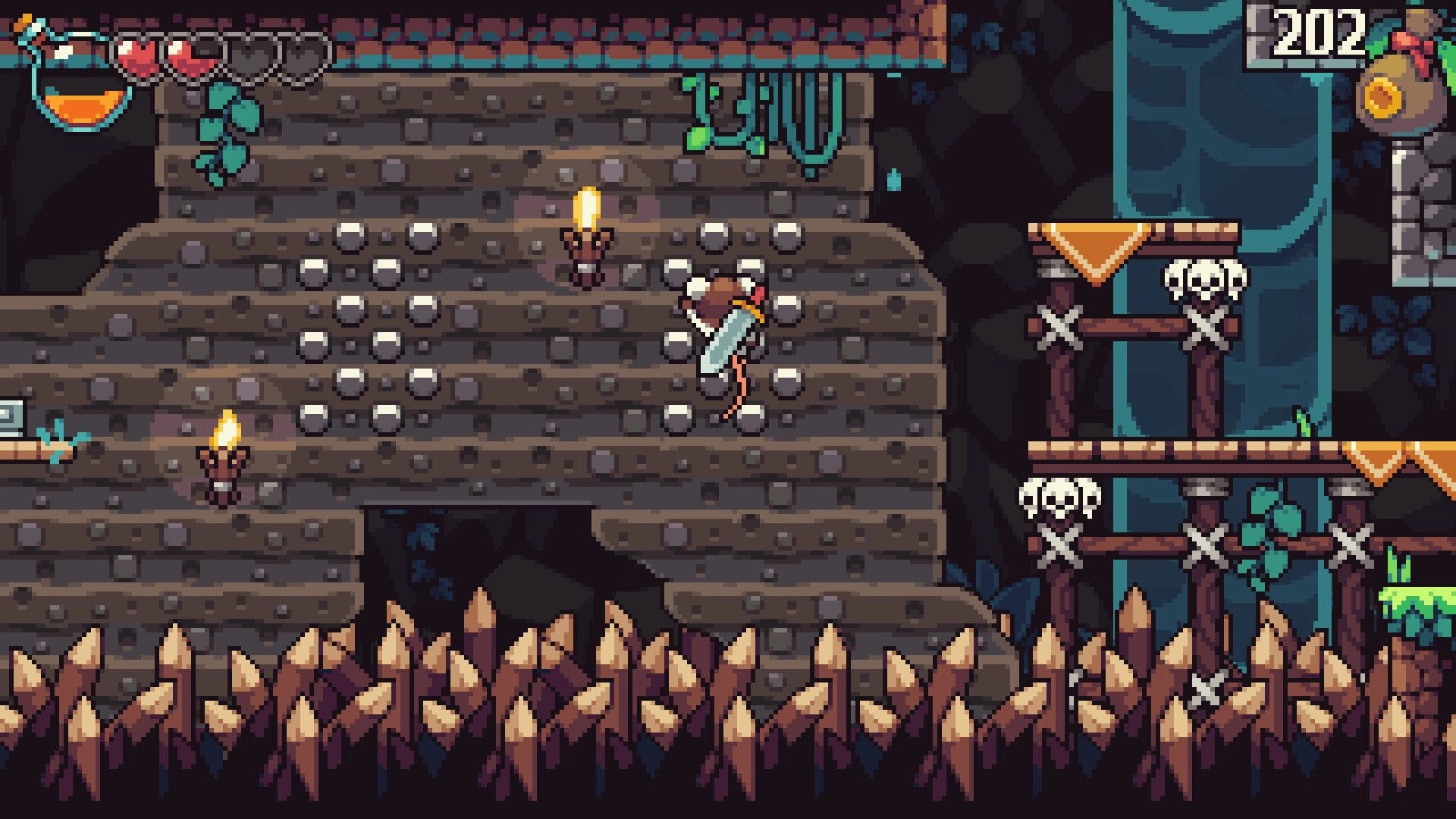 Pipsqueak!: Tofu the mouse leaps with sword in torchlit cave, hearts UI and score 202 visible.