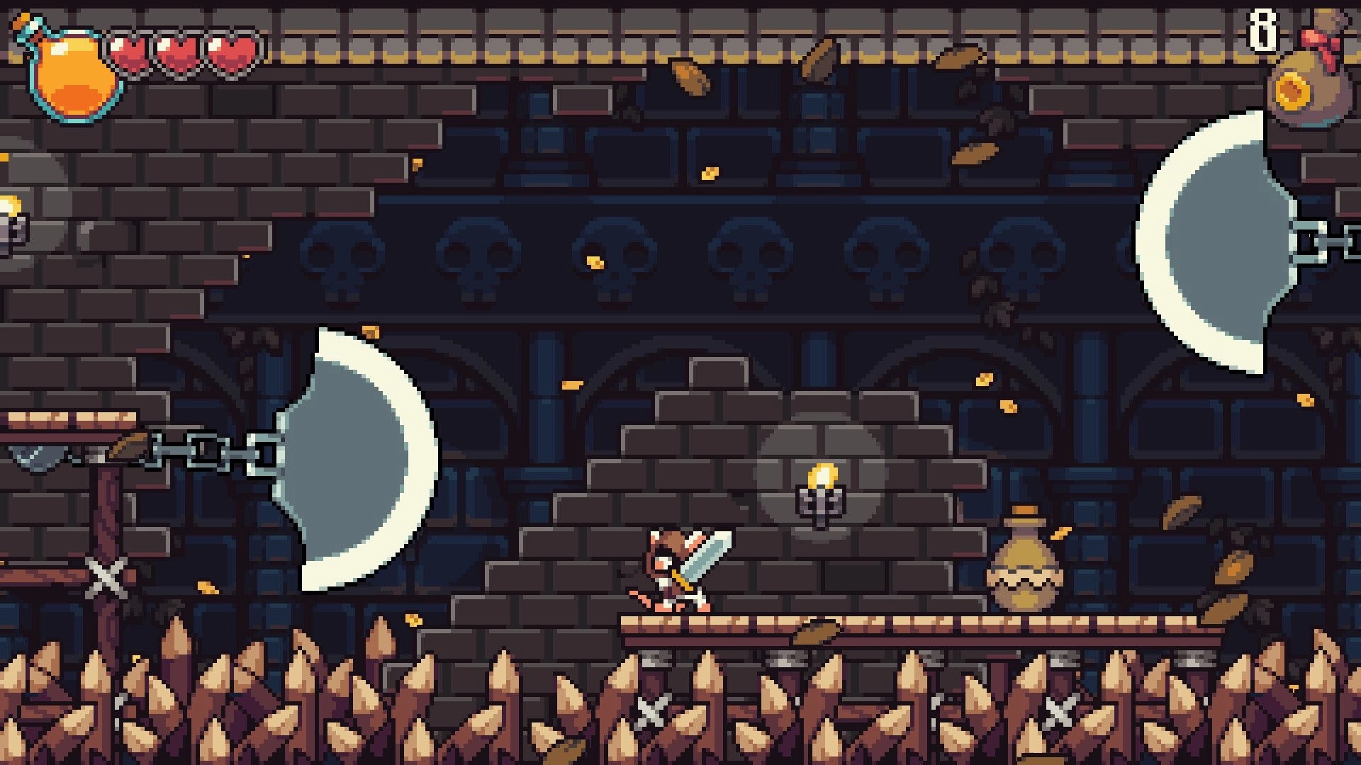 Pipsqueak!: Tofu runs past swinging axe traps in a torchlit brick dungeon above deadly spikes.
